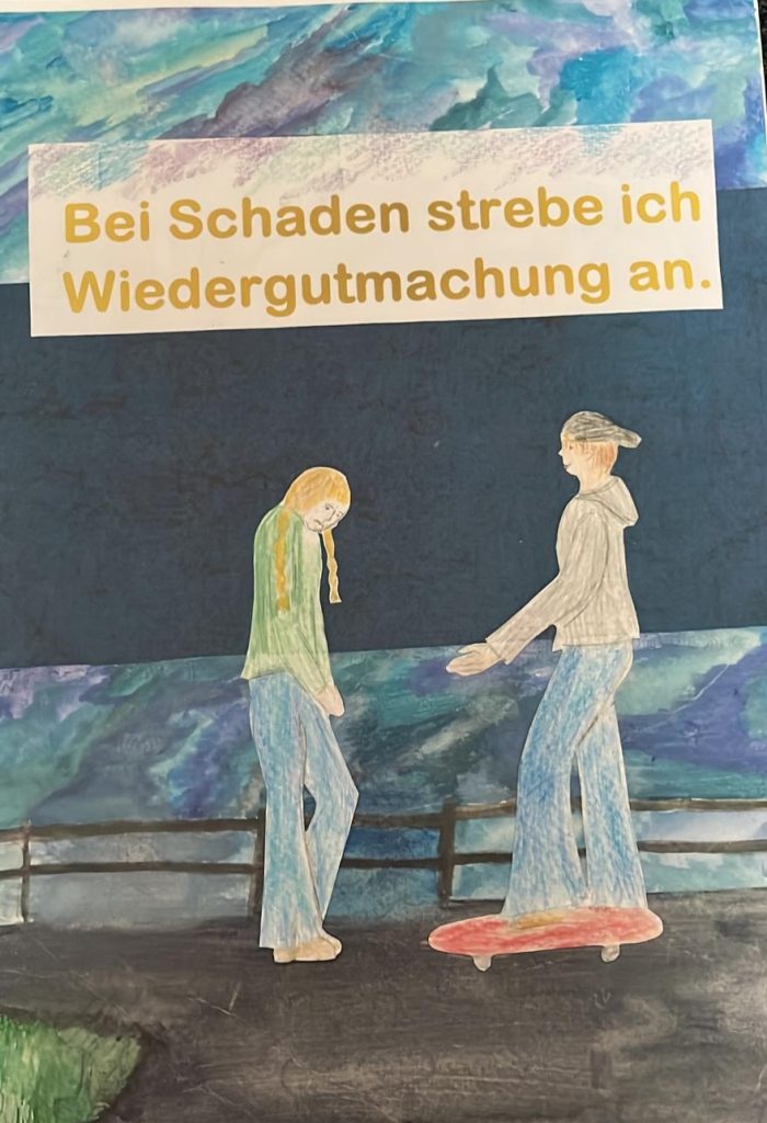 zwei Jugendliche gehen aufeinander zu - ein Jugendliche_r bewegt sich auf dem Skateboard 
